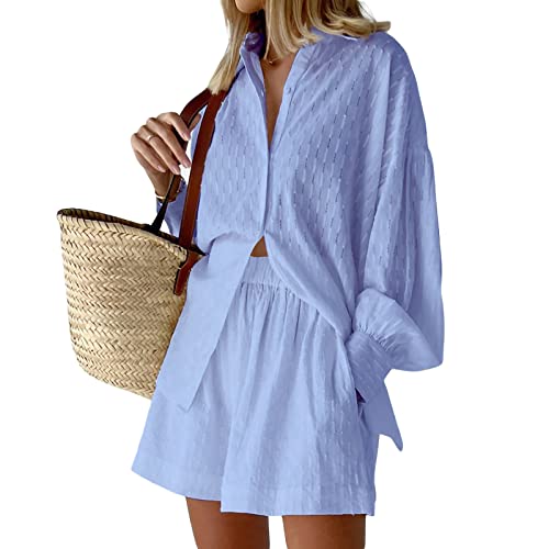 Bellezasourire Zweiteiler Damen Sommer Plissee Set Elegant Hosenanzug Button Down Langarmshirt + High Waist Freizeithose Weite Hose Sommer Herbst Outfit Casual Loungewear Streetwear (M,Blau N) von Bellezasourire