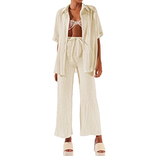 Bellezasourire Zweiteiler Damen Sommer Plissee Set Elegant Hosenanzug Button Down Langarmshirt + High Waist Freizeithose Weite Hose Sommer Herbst Outfit Casual Loungewear Streetwear (S,Beige C) von Bellezasourire