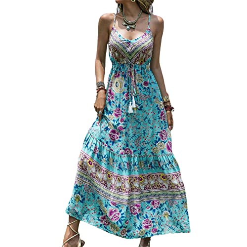 Damen Ärmellos V Ausschnitt Spagettiträgern Boho Lang Lose Maxi Kleider Retro Spitzen Strandkleid Elegant Casual A Linie Kleid Cocktailkleid Abendkleid (Blau B,L) von Bellezasourire