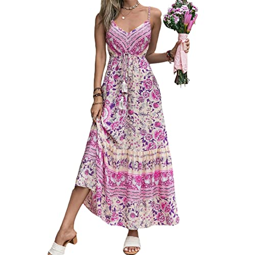 Damen Ärmellos V Ausschnitt Spagettiträgern Boho Lang Lose Maxi Kleider Retro Spitzen Strandkleid Elegant Casual A Linie Kleid Cocktailkleid Abendkleid (Rosa B,S) von Bellezasourire