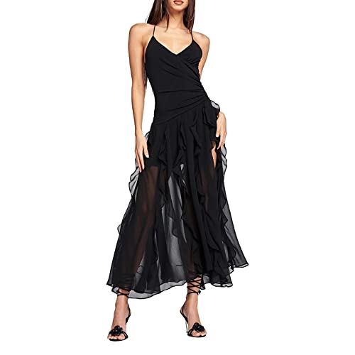 Damen Ärmellos V Ausschnitt Spagettiträgern Boho Lang Lose Maxi Kleider Retro Spitzen Strandkleid Elegant Casual A Linie Kleid Cocktailkleid Abendkleid (Schwarz A,M) von Bellezasourire