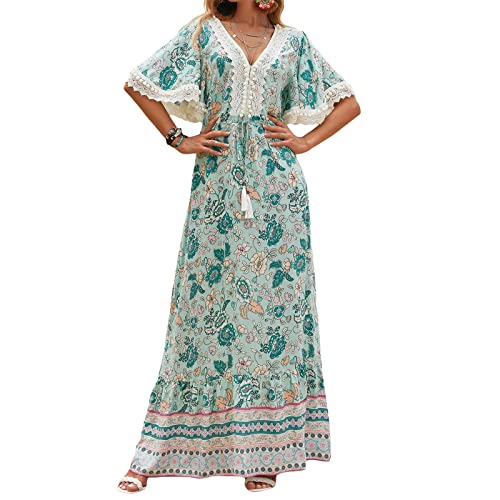 Damen Bohemian Kleid Kurzarm Sommerkleider Casual Strandkleid A-line Tunikakleider Blumen Kleider V-Ausschnitt Lang Sommerrock Elegant Maxikleider (A-Grün, M) von Bellezasourire