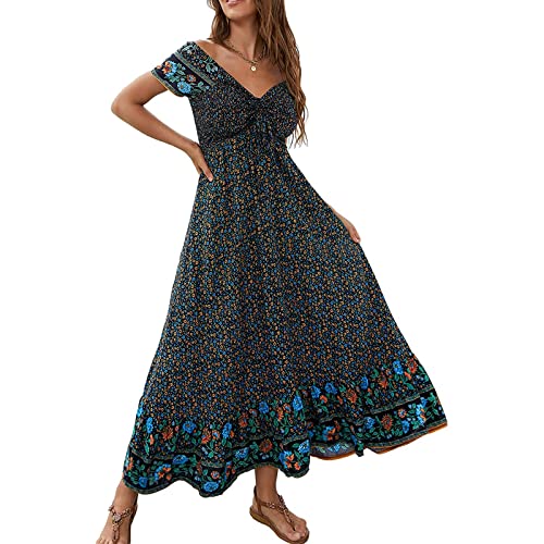 Damen Bohemian Kleid Kurzarm Sommerkleider Casual Strandkleid A-line Tunikakleider Blumen Kleider V-Ausschnitt Lang Sommerrock Elegant Maxikleider (Schwarz Blau, S) von Bellezasourire