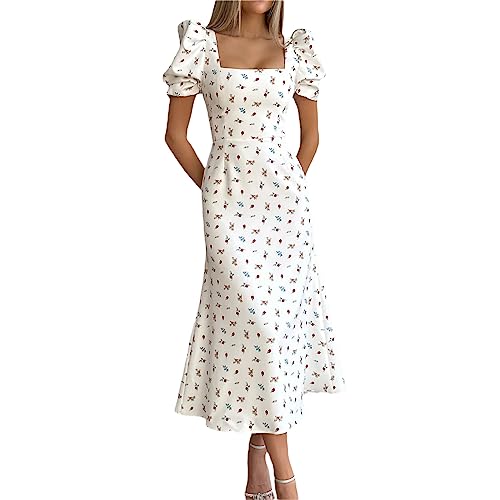 Damen Boho Kleid Sommerkleid Kurzarm O-Ausschnitt A-Linie Spitzendruck Schwingen Midikleid Kräuseln Lose Einteiliger Kuchenrock Cocktailkleid (A-Weiß, S) von Bellezasourire