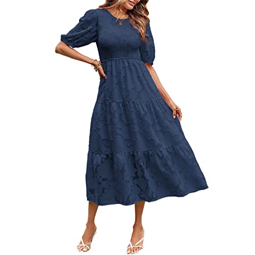 Damen Boho Kleid Sommerkleid Kurzarm O-Ausschnitt A-Linie Spitzendruck Schwingen Midikleid Kräuseln Lose Einteiliger Kuchenrock Cocktailkleid (Marineblau, XL) von Bellezasourire