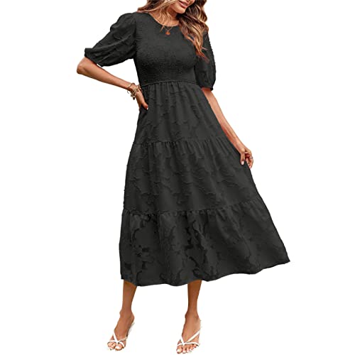 Damen Boho Kleid Sommerkleid Kurzarm O-Ausschnitt A-Linie Spitzendruck Schwingen Midikleid Kräuseln Lose Einteiliger Kuchenrock Cocktailkleid (Schwarz, S) von Bellezasourire