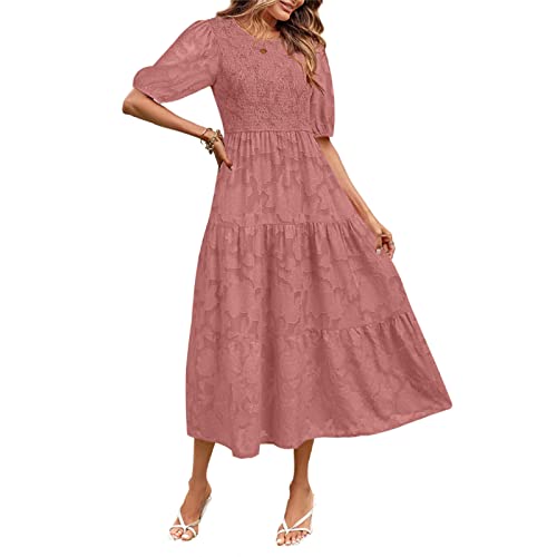 Damen Boho Kleid Sommerkleid Kurzarm O-Ausschnitt A-Linie Spitzendruck Schwingen Midikleid Kräuseln Lose Einteiliger Kuchenrock Cocktailkleid (Ziegelrot, L) von Bellezasourire