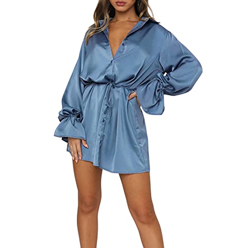 Damen Hemdkleid Sommerkleid V Ausschnitt Kurz Kleid Tunika Mini Kleider Hohe Taille einfarbiges Revers ausgestellten Langarm einreihiger gebundener Rock für Damen (S, Blau) von Bellezasourire