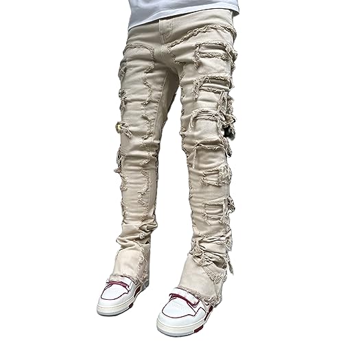 Herren Destroyed Stretch Jeans Slim Fit Jeans Skinny Hip Hop Denim Hose Mit Löchern Für Männer Zerrissene Jeans Schwarze Vintage Freizeithose (Beige, XL) von Bellezasourire