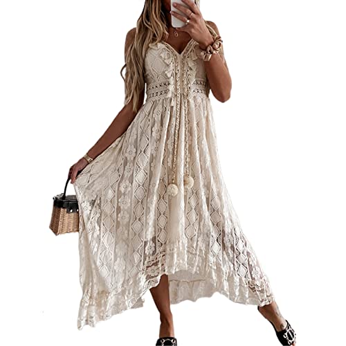 Sommerkleid Damen Ärmellos V Ausschnitt Spagettiträgern Boho Lang Lose Maxi Kleider Retro Spitzen Strandkleid Elegant Casual A Linie Kleid Cocktailkleid Abendkleid(M,Beige) von Bellezasourire