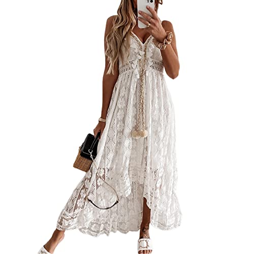 Sommerkleid Damen Ärmellos V Ausschnitt Spagettiträgern Boho Lang Lose Maxi Kleider Retro Spitzen Strandkleid Elegant Casual A Linie Kleid Cocktailkleid Abendkleid(M,Weiß) von Bellezasourire