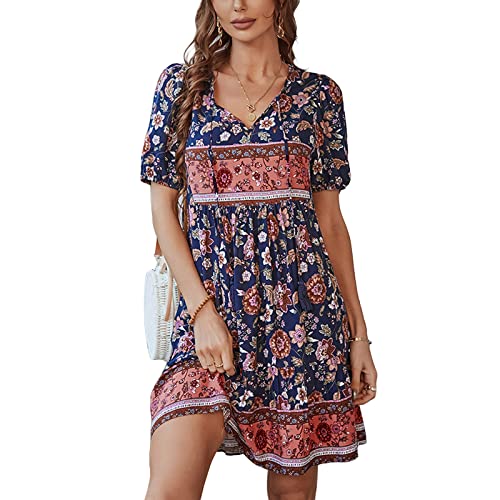 Sommerkleid Damen Boho Kleid Kurzarm V Ausschnitt A-Linie Tie-up Kleid Blumen Schwingen Knielang minikleid Blumendruck Rüschendekoration Lose hoher Taille Strandkleid(L,Dunkelblau) von Bellezasourire