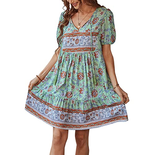 Sommerkleid Damen Boho Kleid Kurzarm V Ausschnitt A-Linie Tie-up Kleid Blumen Schwingen Knielang minikleid Blumendruck Rüschendekoration Lose hoher Taille Strandkleid(L,Grün) von Bellezasourire