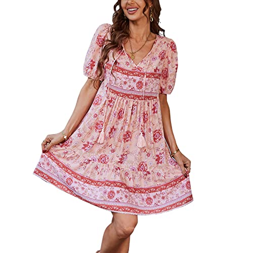 Sommerkleid Damen Boho Kleid Kurzarm V Ausschnitt A-Linie Tie-up Kleid Blumen Schwingen Knielang minikleid Blumendruck Rüschendekoration Lose hoher Taille Strandkleid(L,Rosa) von Bellezasourire