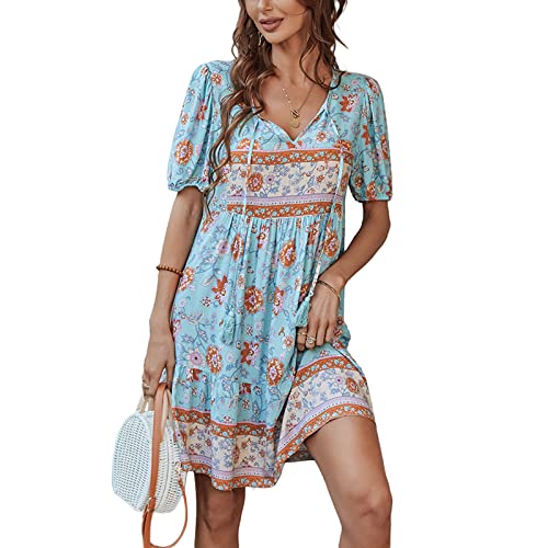 Sommerkleid Damen Boho Kleid Kurzarm V Ausschnitt A-Linie Tie-up Kleid Blumen Schwingen Knielang minikleid Blumendruck Rüschendekoration Lose hoher Taille Strandkleid(M,Blau) von Bellezasourire