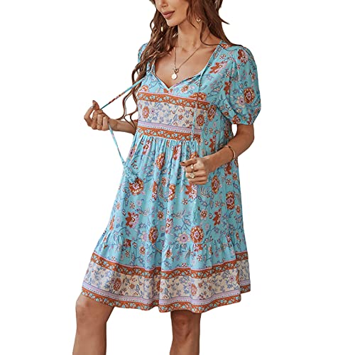 Sommerkleid Elegant Damen Bohemian Tunika Kleid Strandkleid Tunikakleider Vintage Strandtunika Kurzarm V-Ausschnitt Kleid Blumendruck Kurzes Tops (Blau B,M) von Bellezasourire