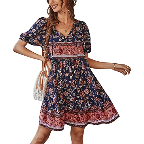 Sommerkleid Elegant Damen Bohemian Tunika Kleid Strandkleid Tunikakleider Vintage Strandtunika Kurzarm V-Ausschnitt Kleid Blumendruck Kurzes Tops (Marine Blau B,L) von Bellezasourire