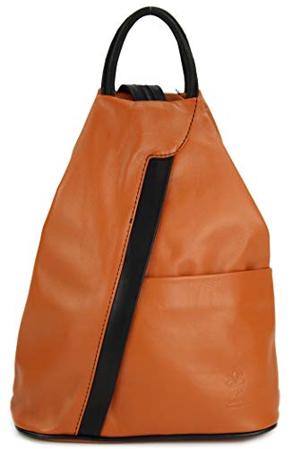 Belli City Backpack leichte italienische Leder Damentasche Rucksack Handtasche in cognac schwarz - 29x32x11 cm (B x H x T) von Belli