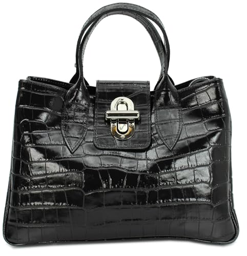Belli Echt Leder Handtasche italienische Damen Ledertasche Umhängetasche Henkeltasche in schwarz lack kroko - 36x25x18 cm (B x H x T) von Belli