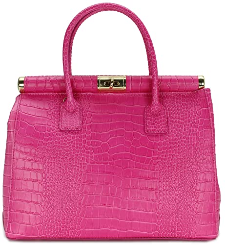 Belli The Bag XL italienische Leder Henkeltasche Handtasche Damen Ledertasche Umhängetasche in pink kroko - 34x25x16 cm (B x H x T) von Belli