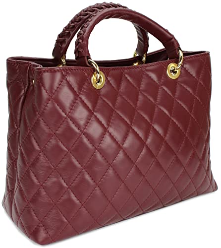 Belli edle italienische Echt Nappa Leder Damentasche Henkeltasche Umhängetasche gesteppt in bordeaux bordó - 34x25x17 cm (B x H x T) von Belli