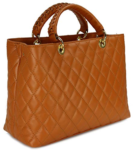 Belli edle italienische Echt Nappa Leder Damentasche Henkeltasche Umhängetasche gesteppt in cognac - 34x25x17 cm (B x H x T) von Belli