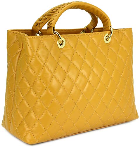 Belli edle italienische Echt Nappa Leder Damentasche Henkeltasche Umhängetasche gesteppt in gelb - 34x25x17 cm (B x H x T) von Belli