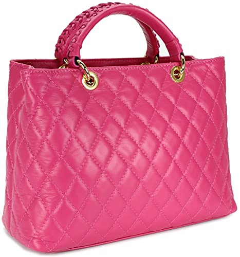 Belli edle italienische Echt Nappa Leder Damentasche Henkeltasche Umhängetasche gesteppt in pink - 34x25x17 cm (B x H x T) von Belli