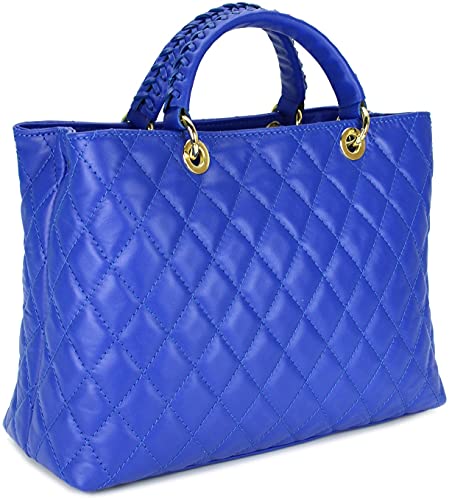 Belli edle italienische Echt Nappa Leder Damentasche Henkeltasche Umhängetasche gesteppt in royal blau - 34x25x17 cm (B x H x T) von Belli