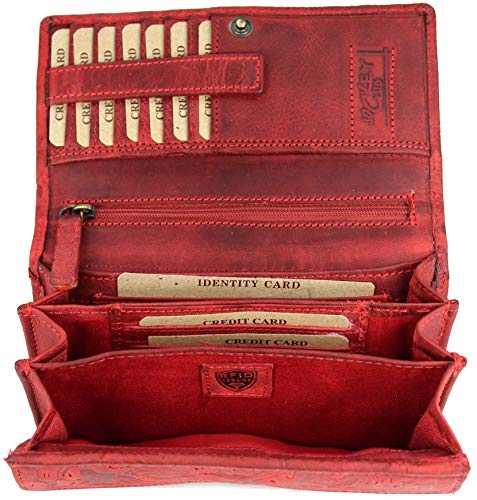 Belli hochwertige Vintage Leder Damen Geldbörse Portemonnaie langes großes Portmonee Geldbeutel aus weichem Leder in Petrol Gemustert - 17,5x10x4cm (B x H x T) (Rot Gemustert) von Belli