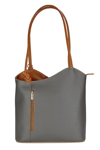 Belli italienische Ledertasche Backpack Classic 2in1 Damen Rucksack Leder Handtasche Schultertasche in dunkelgrau cognac - 28x28x8 cm (B x H x T) von Belli