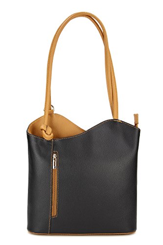 Belli italienische Ledertasche Backpack Classic 2in1 Damen Rucksack Leder Handtasche Schultertasche in schwarz cognac - 28x28x8 cm (B x H x T) von Belli