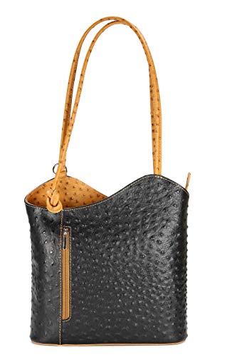 Belli italienische Ledertasche Backpack Classic 2in1 Damen Rucksack Leder Handtasche made in italy Schultertasche - 28x28x8 cm (B x H x T) (Schwarz Cognac Strauss) von Belli