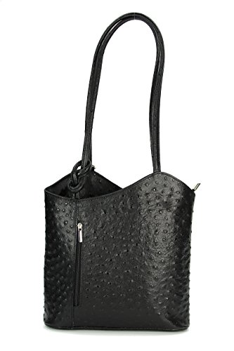 Belli italienische Ledertasche Backpack Classic 2in1 Damen Rucksack Leder Handtasche made in italy Schultertasche - 28x28x8 cm (B x H x T) (Schwarz Strauss) von Belli