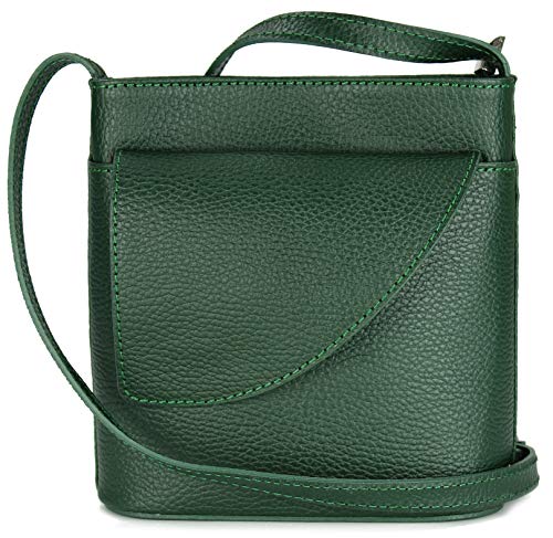 Belli italienische Ledertasche Damen Umhängetasche Handtasche Schultertasche mit zusätzlichem Klappfach in grün - 18,5x18,5x7cm (B x H x T) von Belli