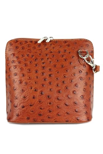 Belli italienische Ledertasche Damen Umhängetasche klein Handtasche Schultertasche Abendtasche in cognac Straußprägung - 17x16,5x8,5 cm (B x H x T) von Belli
