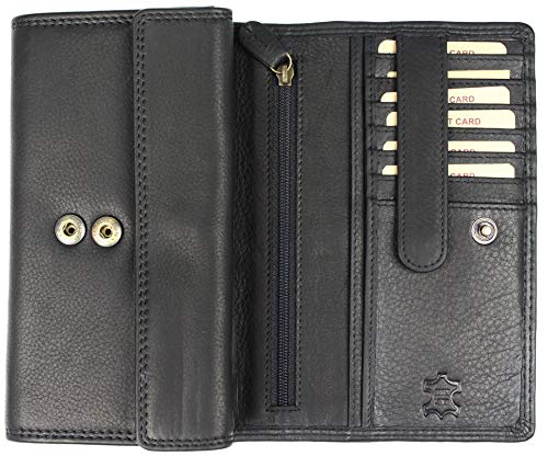 Hochwertige große Vintage Leder Damen Geldbörse Portemonnaie Portmonee Frauen Geldbeutel aus weichem Leder mit extra vielen Fächern in schwarz - 17,5x10x4cm (B x H x T) von Belli