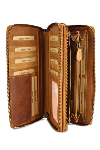 Hochwertige XXL Vintage Leder Damen Geldbörse Portemonnaie langes Portmonee Geldbeutel Organizer mit extra vielen Fächern inkl. RFID in braun Gemustert - 20x11x3,5cm (B x H x T) von Belli