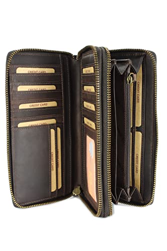 Hochwertige XXL Vintage Leder Damen Geldbörse Portemonnaie langes Portmonee Geldbeutel Organizer mit extra vielen Fächern inkl. RFID in Dunkelbraun Gemustert - 20x11x3,5cm (B x H x T) von Belli