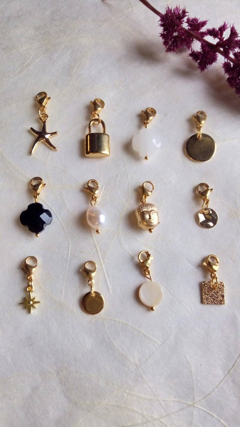 Edelstahl-Charms Nach Wahl Kleeblatt, Süßwasserperle, Perlmutt, Medaille, Quadrat, Stern, Blume von Bellibijoux