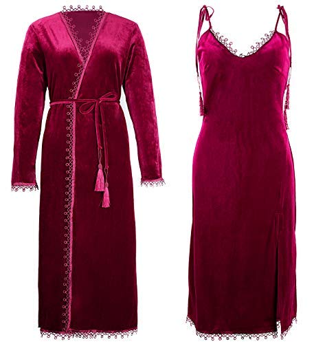 BellisMira Damen Nachtwäsche Pannesamt Bademantel und Chemise Velours Loungewear Bademantel Wrap Kimono Bademantel Pyjama Set blau und rot (kann separat erworben werden) Gr. Small, Set--rot von BellisMira