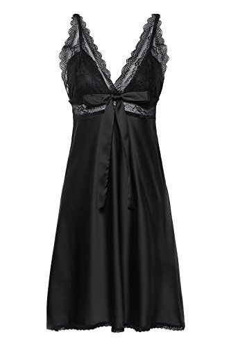 BellisMira Damen Negligee Lace Nachthemd Satin Nachtkleid Sexy Sleepwear Spitze Kurz Trägerkleid V Ausschnitt Elegant Dessous,S,Schwarz von BellisMira