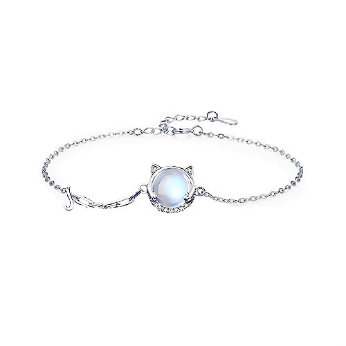 Bellitia Jewelry 925 Sterling Silber Katze/Kaninchen Armbänder und Armreifen, Mondstein & CZ Diamant Katze/Hase Schmuck für Frauen Mädchen Damen, Jahrestag Geburtstag Geschenk, Einstellbar von Bellitia Jewelry