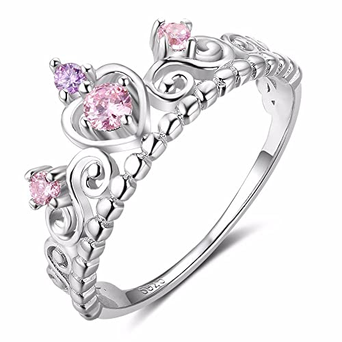 Bellitia Jewelry 925 Sterling Silber Krone Kronenring Crown Queen Gebürstet Elegant Ring mit Herz Design, Rosa Zirkonia Ehering Verlobungs Schumuck Set von Bellitia Jewelry