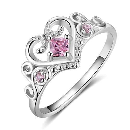 Bellitia Jewelry 925 Sterling Silber Krone Kronenring Crown Queen Gebürstet Elegant Ring mit Herz Design, Rosa Zirkonia Ehering Verlobungs Schumuck Set von Bellitia Jewelry