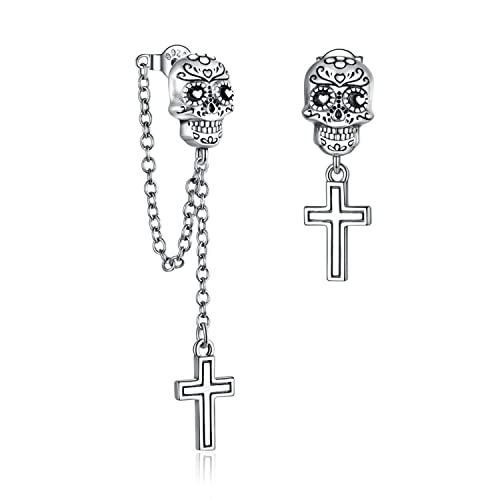 Bellitia Jewelry 925 Sterling Silber Mode Asymmetrische Totenkopf Schädel Ohrringe mit Kreuz Anhänger Tropfenohrringe für Damen Mädchen von Bellitia Jewelry