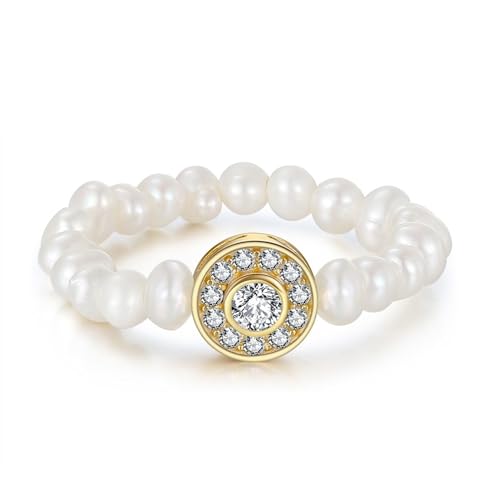 Bellitia Jewelry 925 Sterling Silber Mode Barock Perle & Zirkonia Elastische Perlenringe, Hochwertige Süßwasser-Zuchtperlen Schmuck Geschenk für Frauen Mädchen von Bellitia Jewelry
