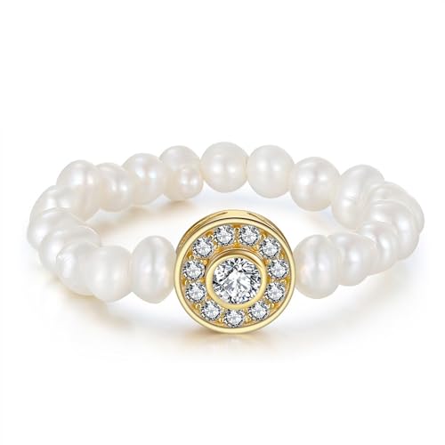 Bellitia Jewelry 925 Sterling Silber Mode Barock Perle & Zirkonia Elastische Perlenringe, Hochwertige Süßwasser-Zuchtperlen Schmuck Geschenk für Frauen Mädchen von Bellitia Jewelry
