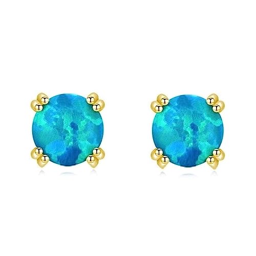 Bellitia Jewelry 925 Sterling Silber Vergoldet/Weißvergoldet Kleine Runde Blauer Opal Ohrstecker Ohrschmuck für Muttertag Valentinstag, Hypoallergene Ohrringe für Frauen Damen Mädchen, 5mm von Bellitia Jewelry