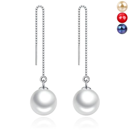 Bellitia Jewelry Damen 925 Sterling Silber Perlen Ohrhänger mit Kette Runde Süßwasser-Zuchtperle Ohrschmuck Rot Lange Einfädler Ohrringe Hypoallergen Kettchen Durchzieher, 8MM von Bellitia Jewelry